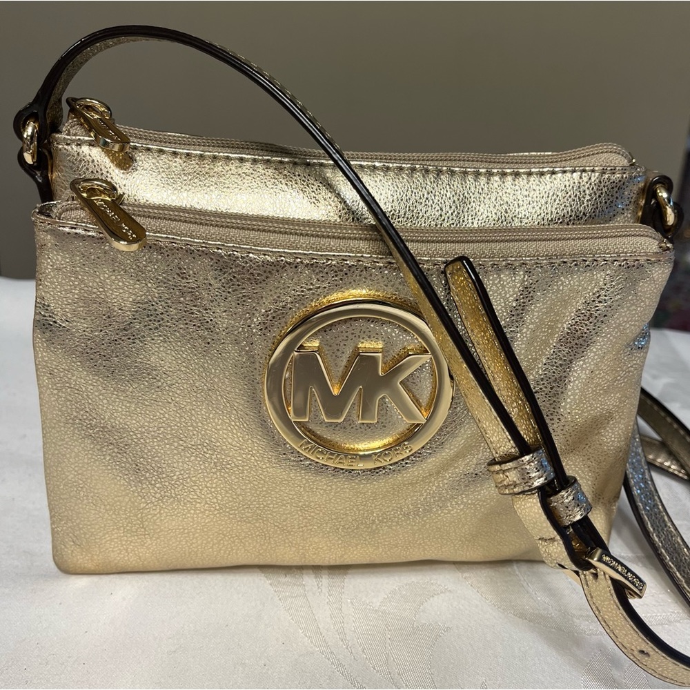 Michael Kors Gold Shimmer Leather Crossbody Purse Wallet